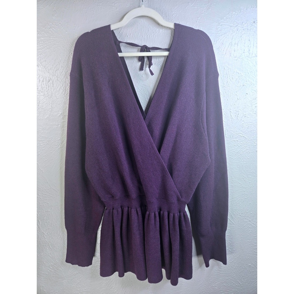 City Chic Peplum Knit Sweater XL Purple Ribbed V Neck Tie Back Classy Preppy Top